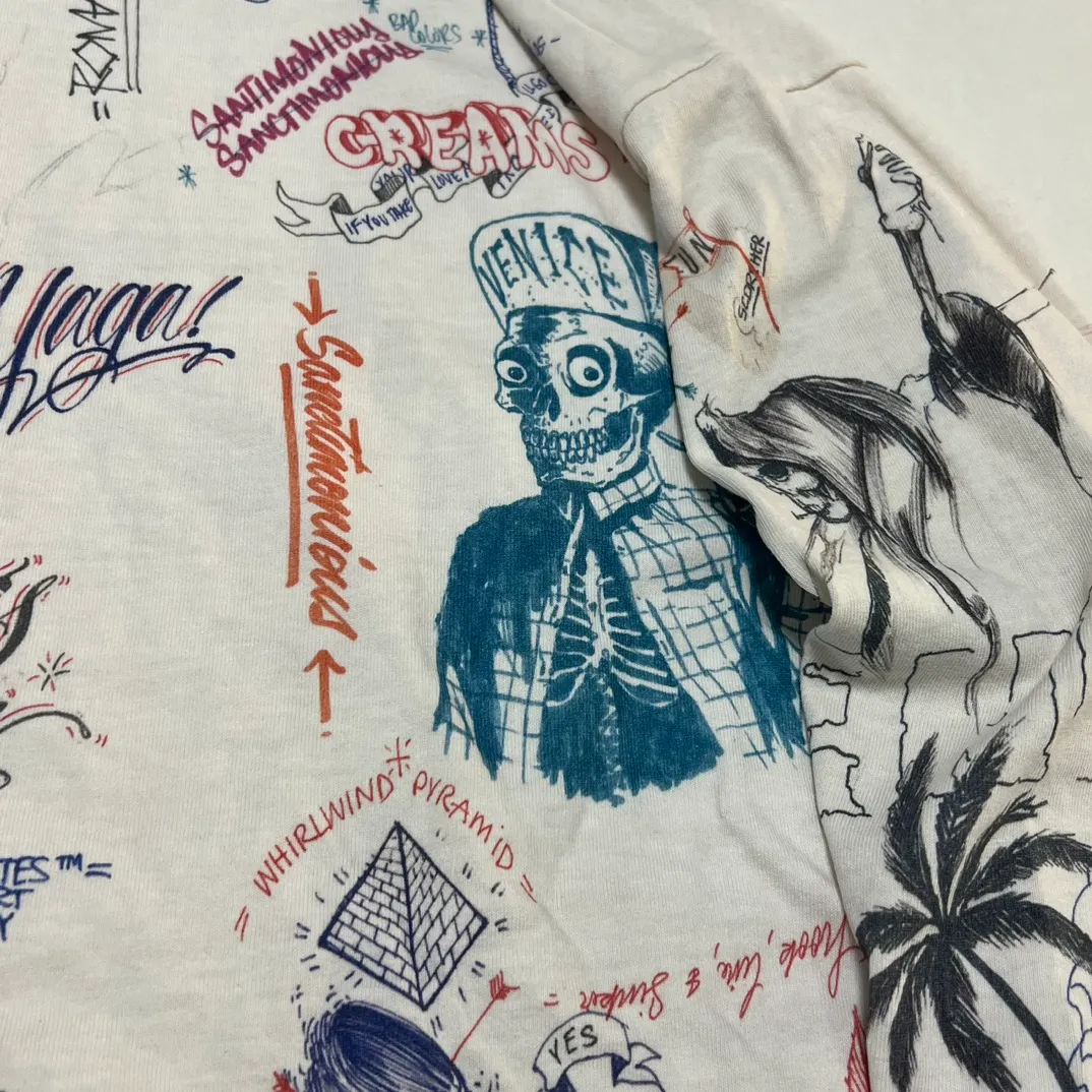 More details SAINT Mxxxxxx × BORNXRAISED BR_LS TEE/LA/WHT latest joint model LA diamond all-over long sleeves off-white S-XL super heavy work started in February, lasted three months, super complex 36 sets of screens, sketches and pictures to doubt life, super perfect reproduction of printing, genuine Czech diamonds, no pressure re-engraving